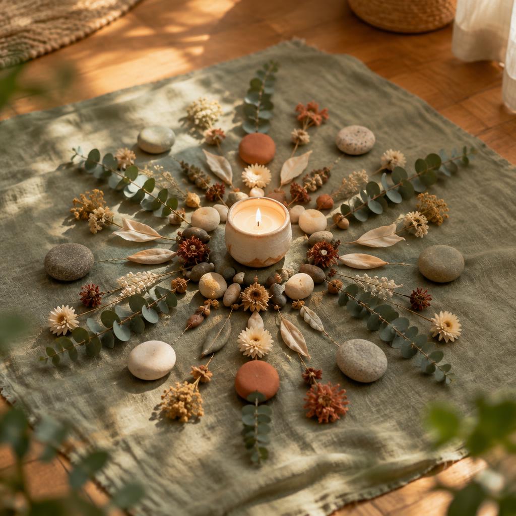 Mandala de pierres, fleurs séchées et bougie évoquant le cercle et la complémentarité