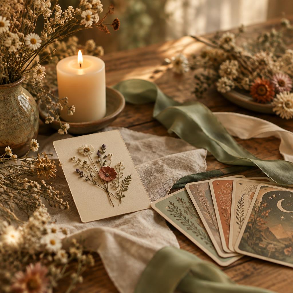 Carte ornée de fleurs séchées, ruban de soie et cartes d&rsquo;oracle sous une lumière douce