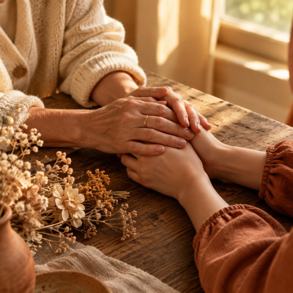 Deux paires de mains féminines qui se tiennent tendrement au-dessus d&rsquo;une table en bois