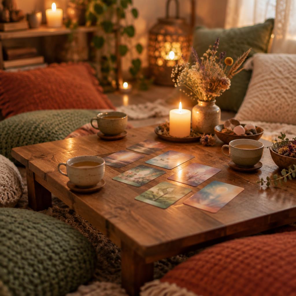 Table basse préparée pour une soirée douce : tisanes, cartes d&rsquo;oracle et bougies