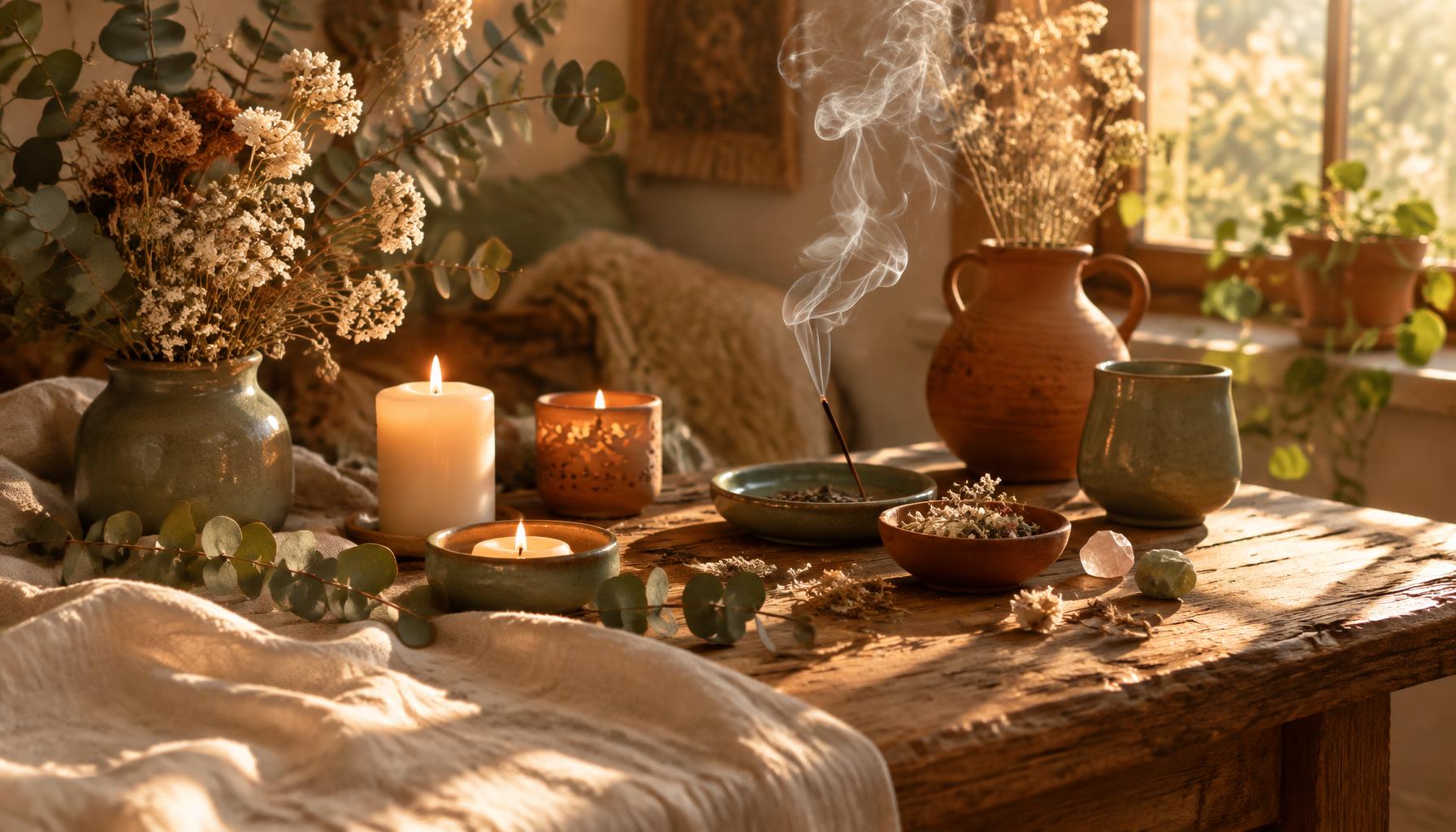 Table en bois dressée avec bougies, fleurs séchées et fumée d&rsquo;encens dans une lumière dorée